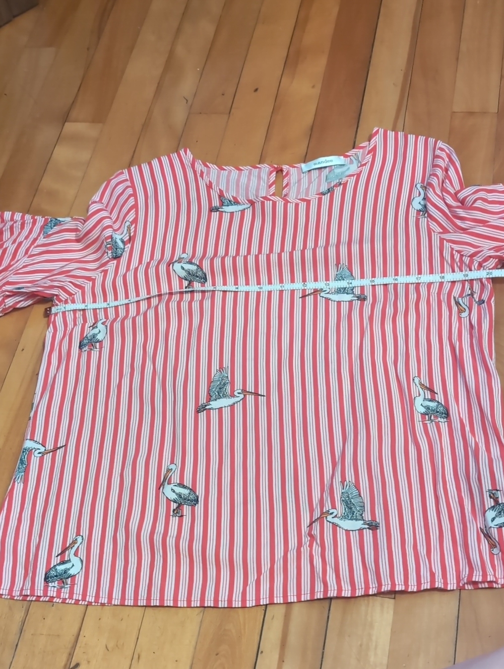 Mandee Red and White Striped Blouse with Bird Print Large - Picture 12 of 14